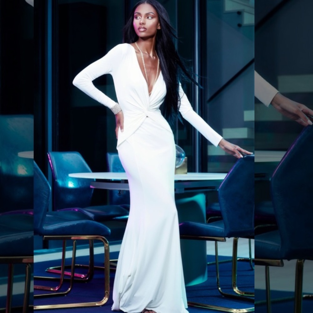 White Glam Maxi Dress Long Sleeve Deep V Neck